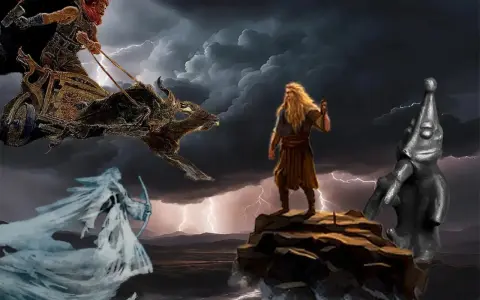 Mitologia germańska bogowie: Thor na rydwanie, Odyn na skale i piękna bogini z łukiem.