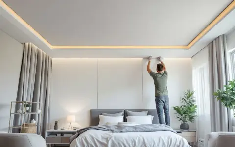 Installazione di pannelli per l'isolamento acustico del soffitto in una camera da letto moderna.