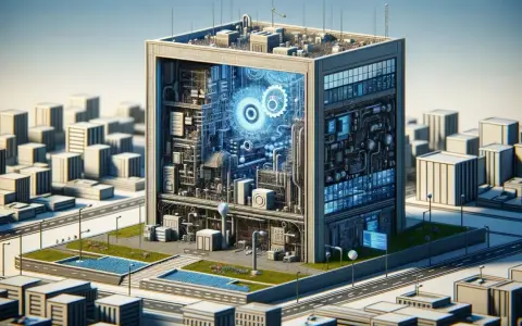 Futurystyczny budynek z widocznym wnętrzem pełnym mechanizmów i niebieskich świateł, przypominający złożony system. To wizualizacja **facade pattern** w architekturze oprogramowania.