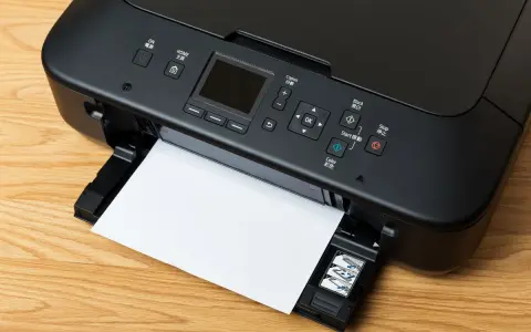 Imprimante noire avec une feuille de papier, prête à imprimer. Le câble USB est connecté, permettant la transmission des données.