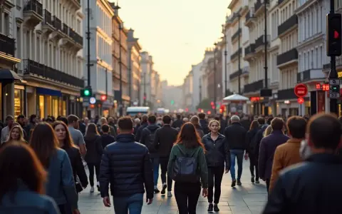 Tłum ludzi na ruchliwej ulicy w Londynie. Czy w Londynie jest bezpiecznie? Wiele osób spaceruje, robi zakupy, a słońce zachodzi.