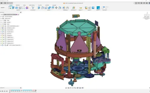 Złożony mechanizm zębatek i elementów, stworzony w programie Autodesk 123d, przypomina skomplikowany zegar lub urządzenie.
