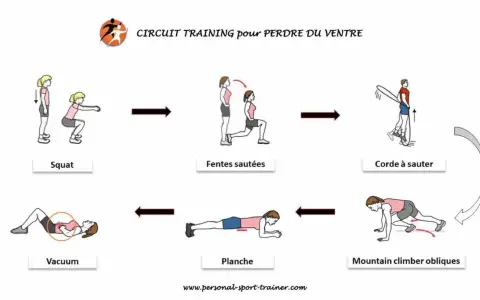 Circuit training pour perdre du ventre : squats, fentes sautées, corde à sauter, mountain climber obliques, planche, vacuum.