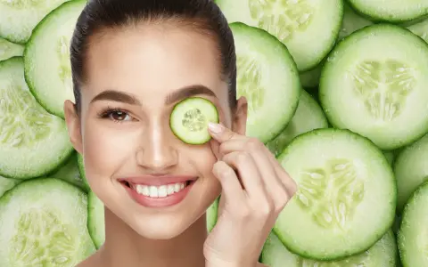 Una mujer sonríe mientras se coloca una rodaja de pepino en el ojo, rodeada de más rodajas de pepino.