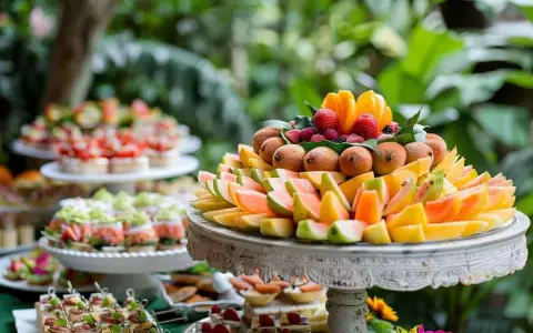 Un magnifique buffet froid recette avec une pyramide de fruits frais, des canapés et des desserts.