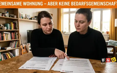 Zwei Frauen prüfen Dokumente, die auf eine getrennte Lebenssituation in einer Wohnung hindeuten, während sie Hartz 4 beantragen.