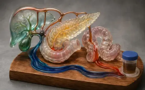 Modello artistico di fegato, pancreas e intestino, con flussi blu e rossi che simboleggiano la bile e altri fluidi digestivi, evidenziando la bile funzione.