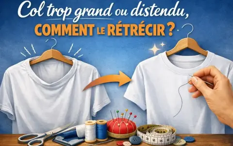 Avant/après : un col de t-shirt trop grand est retravaillé. Apprenez comment coudre un col rond parfait avec cette illustration de couture.