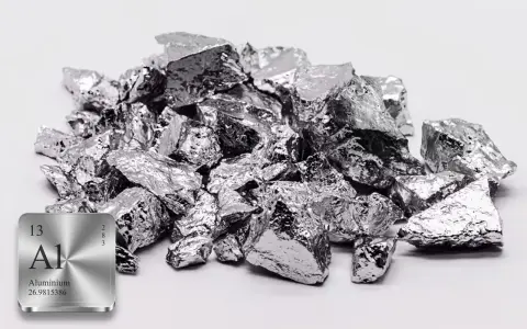 Cumuli di pezzi grezzi di alluminio, un metallo leggero e brillante, con un'icona della tavola periodica che mostra "Al".