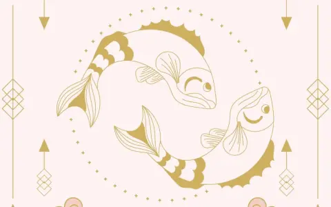 Dwa złote ryby, symbol znaku zodiaku Ryby, pływają w otoczeniu gwiazdek i geometrycznych ozdób.