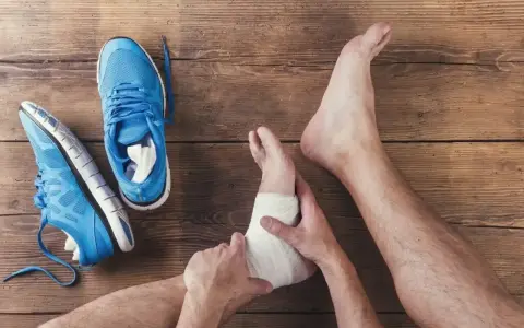 Noga z bandażem na kostce, obok niebieskie buty sportowe. Wciąż widoczna opuchlizna 2 miesiące po skręceniu kostki.