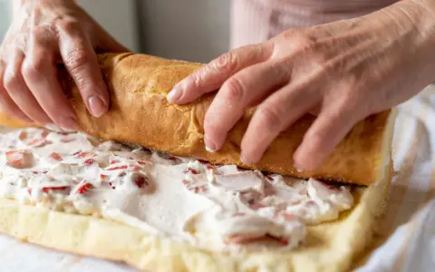 Ręce zwijają biszkopt z kremem i truskawkami. To najprostsza rolada biszkoptowa, która zachwyci smakiem.