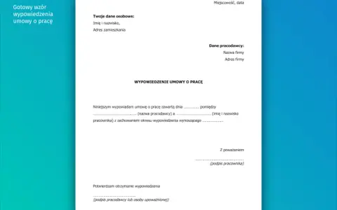 Gotowy wzór wypowiedzenia umowy o pracę. Formularz zawiera pola na dane pracownika, pracodawcy i informacje o tym, jak złożyć wypowiedzenie.