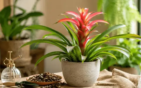 Bromelia en maceta gris con flor roja vibrante. A su lado, un pulverizador de latón y tierra para macetas, sugiriendo cuidados.