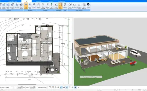Grundriss und 3D-Modell eines barrierefreien Hauses mit Außenansicht.