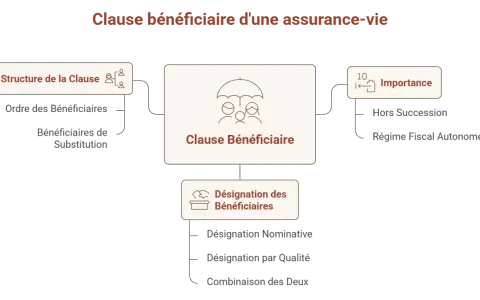 Schéma expliquant la clause bénéficiaire d'une assurance-vie : structure, désignation et importance pour le bénéficiaire.