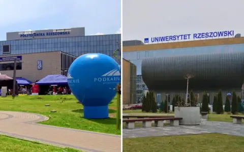 Uczelnie Rzeszów: Politechnika Rzeszowska i Uniwersytet Rzeszowski. Na pierwszym planie niebieski balon.
