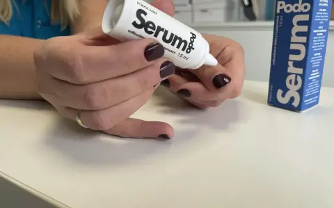 Dłonie z ciemnym lakierem aplikują podoserum na paznokieć. Opakowanie Podo Serum widoczne obok.