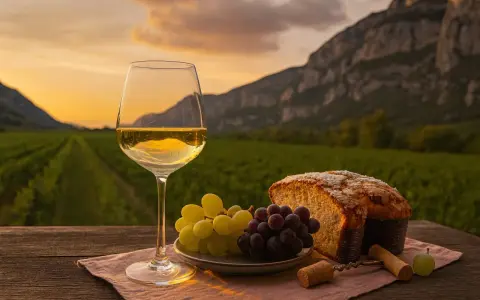 Ein Glas Pino Grigio steht neben Trauben und Brot auf einem Tisch vor einem Weinberg bei Sonnenuntergang.
