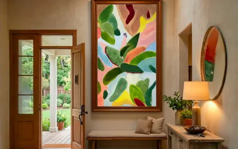 Un recibidor acogedor con un gran cuadro abstracto, obra de un comisariado de arte, invita a pasar. La luz entra por la puerta abierta, revelando un jardín.