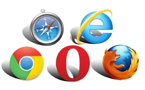 Icônes de logiciels de navigation pour PC : boussole, Internet Explorer, Chrome, Opera et Firefox.