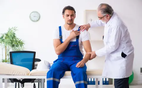 Un ouvrier en bleu de travail consulte un médecin pour une possible maladie professionnelle de l'épaule. Le médecin examine son bras.
