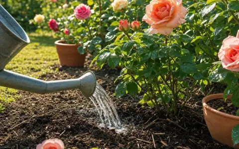 Arrosage d'un rosier en pleine floraison, avec des roses roses et orangées éclatantes. L'eau coule d'un arrosoir sur la terre.