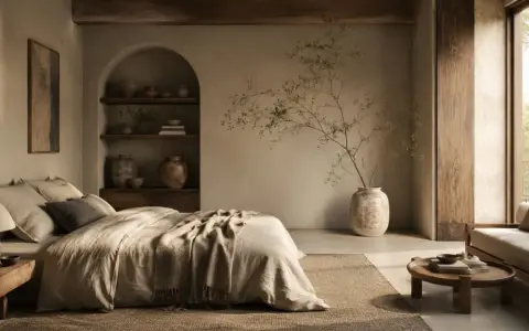 Sypialnia w stylu wabi sabi. Naturalne materiały, łóżko z lnianą pościelą, ceramiczne wazony i gałązka w wazonie tworzą spokój.