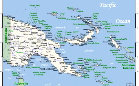 Papua Nowa Gwinea mapa: wyspy, miasta, zatoki i oceany. Zobacz położenie Nowej Gwinei i okolicznych wysp.
