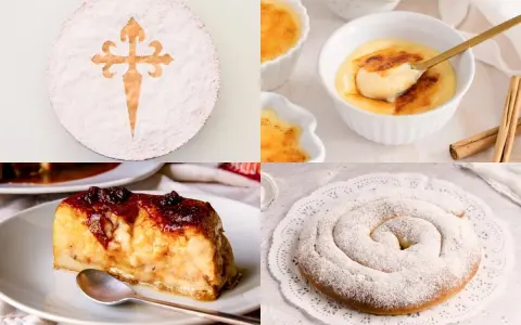 Pastel de Santiago, crema catalana y ensaimada, un festín de postres españoles.