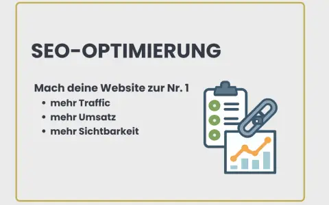 SEO-Optimierung: Mehr Traffic, Umsatz & Sichtbarkeit für deine Website. Checkliste, Diagramm & Link-Symbol illustrieren die Aufgaben.