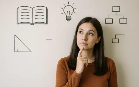 Mujer pensativa con iconos de libro, bombilla, triángulo y organigrama. Reflexiona sobre cómo gestionar una cuenta conjunta.