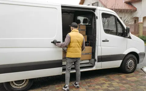 Kurier otwiera drzwi białego busa dostawczego, w którym widać paczki. Zastanawiasz się, ile waży bus dostawczy?