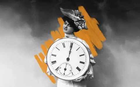A woman in a vintage hat holds a large clock, its hands pointing to the fifth canonical hours.