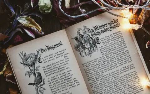 Otwarta księga z baśniami braci Grimm, ilustracje i tekst w języku niemieckim, otoczona suszonymi liśćmi i lampkami.