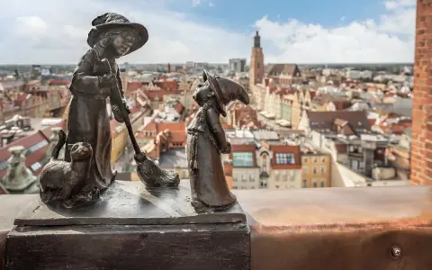Dwa krasnale i kot na tle Wrocławia. Zastanawiasz się, ile jest krasnali we Wrocławiu?