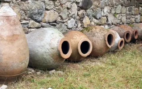 Antiguas ánforas de vino yacen en la hierba, algunas cubiertas de musgo, contra un muro de piedra.