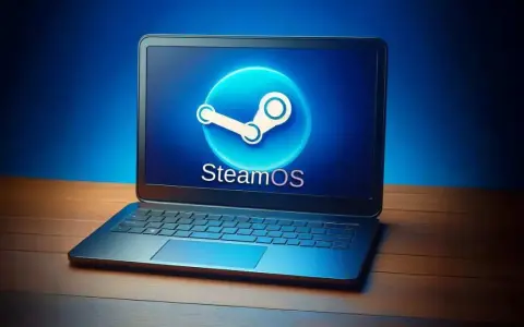 Portátil con el logo de SteamOS brillando en la pantalla, listo para jugar.