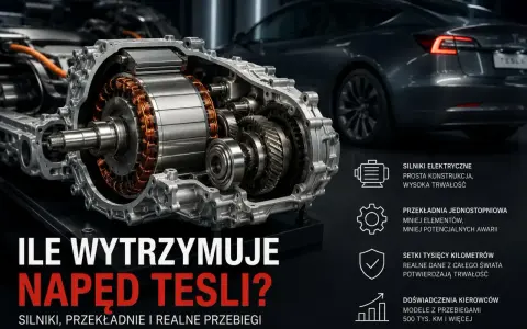 Przekładnia napędu Tesla x w przekroju, ukazująca silnik elektryczny i mechanizmy. W tle Tesla Model 3.
