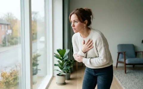 Woman with hands on chest looking out a window, appearing distressed.