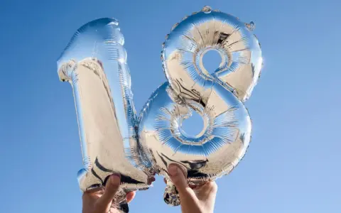 Silberne Folienballons in Form der Zahl 18 vor blauem Himmel.