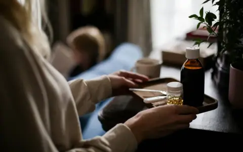 Persona cuida a un niño enfermo, con un termómetro, jarabe y pastillas de paracetamol niños.
