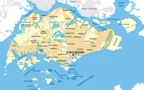 Mapa Singapuru z zaznaczonym miastem, okolicznymi wyspami, Malezją i Indonezją.