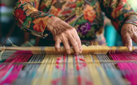 Mains d'une personne tissant sur un métier à tisser avec des fils colorés.