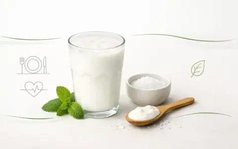Szklanka orzeźwiającego napoju, miseczka soli i łyżka jogurtu. Czy ayran jest zdrowy? Tak, to świetny wybór dla serca i diety.