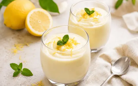 Due bicchieri di soffice mousse al limone, guarniti con scorza di limone e menta fresca. Sullo sfondo, limoni interi e tagliati.