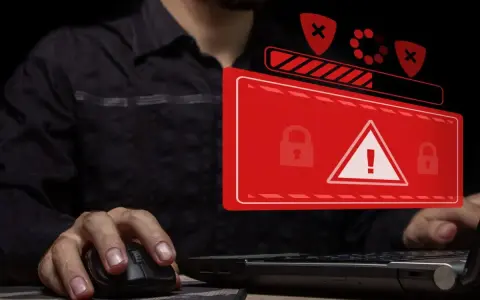 Osoba przy komputerze, na ekranie ostrzeżenie o zagrożeniu i blokadzie. To obrazuje problem cyberprzestępczości.