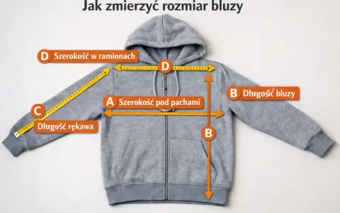 Szara bluza z kapturem, na której zaznaczono miary: szerokość pod pachami (A), długość bluzy (B), długość rękawa (C) i szerokość w ramionach (D).