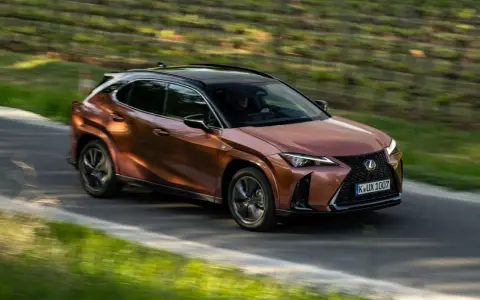 Miedziany Lexus UX 300h sunie po krętej drodze wśród zieleni.
