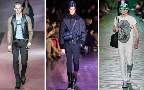 Modelli in passerella mostrano diversi stili di taglio pantaloni uomo: slim fit gessato, dritto blu navy e chino bianchi.